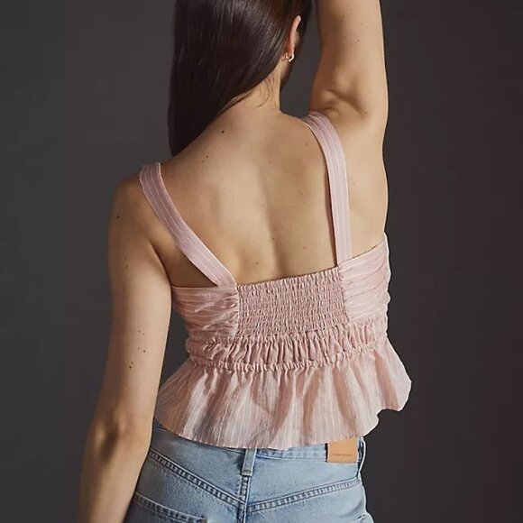 NWT Anthropologie Shirred Striped Peplum Cropped Top, Size Small, Pink/White - Picture 2 of 8